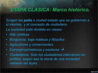 ETAPA CLASICA: Marco histórico.
Surgen las polis o ciudad estado que se gobiernan a
sí mismas y el concepto de ciudadano.
La sociedad está dividida en clases:
• Alta nobleza
• Burguesía, baja nobleza y filósofos
• Agricultores y comerciantes.
• Extranjeros/metecos y esclavos 
• Ciudadanos: Solo los ciudadanos intervienen en
política, según sea la moral de una sociedad
variaran las leyes.
 