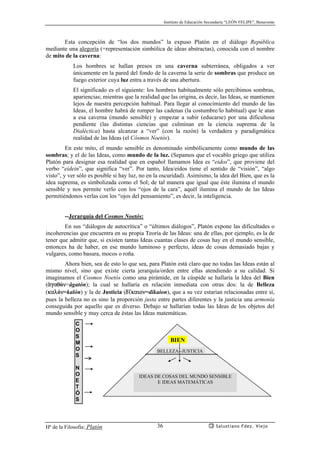 Instituto de Educación Secundaria “LEÓN FELIPE”, Benavente
Hª de la Filosofía: Platón Salustiano Fdez. Viejo36
Esta concepción de “los dos mundos” la expuso Platón en el diálogo República
mediante una alegoría (=representación simbólica de ideas abstractas), conocida con el nombre
de mito de la caverna:
Los hombres se hallan presos en una caverna subterránea, obligados a ver
únicamente en la pared del fondo de la caverna la serie de sombras que produce un
fuego exterior cuya luz entra a través de una abertura.
El significado es el siguiente: los hombres habitualmente sólo percibimos sombras,
apariencias; mientras que la realidad que las origina, es decir, las Ideas, se mantienen
lejos de nuestra percepción habitual. Para llegar al conocimiento del mundo de las
Ideas, el hombre habrá de romper las cadenas (la costumbre/lo habitual) que le atan
a esa caverna (mundo sensible) y empezar a subir (educarse) por una dificultosa
pendiente (las distintas ciencias que culminan en la ciencia suprema de la
Dialéctica) hasta alcanzar a “ver” (con la razón) la verdadera y paradigmática
realidad de las Ideas (el Cósmos Noetós).
En este mito, el mundo sensible es denominado simbólicamente como mundo de las
sombras; y el de las Ideas, como mundo de la luz. (Sepamos que el vocablo griego que utiliza
Platón para designar esa realidad que en español llamamos Idea es “eidos”, que proviene del
verbo “eídein”, que significa “ver”. Por tanto, Idea/eidos tiene el sentido de “visión”, “algo
visto”, y ver sólo es posible si hay luz, no en la oscuridad). Asimismo, la idea del Bien, que es la
idea suprema, es simbolizada como el Sol; de tal manera que igual que éste ilumina el mundo
sensible y nos permite verlo con los “ojos de la cara”, aquél ilumina el mundo de las Ideas
permitiéndonos verlas con los “ojos del pensamiento”, es decir, la inteligencia.
--Jerarquía del Cosmos Noetós:
En sus “diálogos de autocrítica” o “últimos diálogos”, Platón expone las dificultades o
incoherencias que encuentra en su propia Teoría de las Ideas: una de ellas, por ejemplo, es la de
tener que admitir que, si existen tantas Ideas cuantas clases de cosas hay en el mundo sensible,
entonces ha de haber, en ese mundo luminoso y perfecto, ideas de cosas demasiado bajas y
vulgares, como basura, mocos o roña.
Ahora bien, sea de esto lo que sea, para Platón está claro que no todas las Ideas están al
mismo nivel, sino que existe cierta jerarquía/orden entre ellas atendiendo a su calidad. Si
imaginamos el Cosmos Noetós como una pirámide, en la cúspide se hallaría la Idea del Bien
(ªgaqón=âgatón); la cual se hallaría en relación inmediata con otras dos: la de Belleza
(kalón=kalón) y la de Justicia (d’kaion=díkaion), que a su vez estarían relacionadas entre sí,
pues la belleza no es sino la proporción justa entre partes diferentes y la justicia una armonía
conseguida por aquello que es diverso. Debajo se hallarían todas las Ideas de los objetos del
mundo sensible y muy cerca de éstas las Ideas matemáticas.
BIEN
BELLEZA--JUSTICIA
IDEAS DE COSAS DEL MUNDO SENSIBLE
E IDEAS MATEMÁTICAS
C
O
S
M
O
S
N
N
O
E
T
Ó
S
 