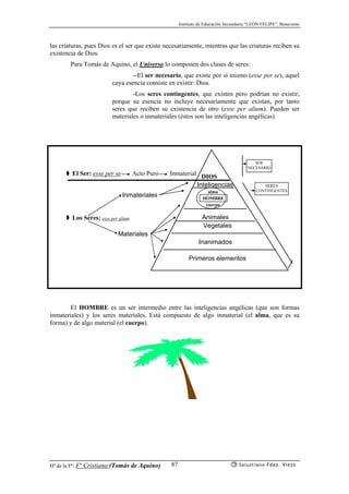 Instituto de Educación Secundaria “LEÓN FELIPE”, Benavente
Hª de la Fª: Fª Cristiana (Tomás de Aquino) Salustiano Fdez. Viejo87
las criaturas, pues Dios es el ser que existe necesariamente, mientras que las criaturas reciben su
existencia de Dios.
Para Tomás de Aquino, el Universo lo componen dos clases de seres:
--El ser necesario, que existe por sí mismo (esse per se), aquel
cuya esencia consiste en existir: Dios.
-Los seres contingentes, que existen pero podrían no existir,
porque su esencia no incluye necesariamente que existan, por tanto
seres que reciben su existencia de otro (esse per alium). Pueden ser
materiales o inmateriales (éstos son las inteligencias angélicas).
➧ El Ser: esse per se Acto Puro Inmaterial
➧ Los Seres:
El HOMBRE es un ser intermedio entre las inteligencias angélicas (que son formas
inmateriales) y los seres materiales. Está compuesto de algo inmaterial (el alma, que es su
forma) y de algo material (el cuerpo).
DIOS
Materiales
Inmateriales
esse per alium
Primeros elementos
Inanimados
Vegetales
Animales
Inteligencias
alma
HOMBRE
cuerpo
SER
NECESARIO
SERES
CONTINGENTES
 