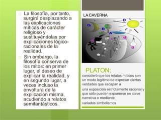 La filosofía, por tanto,
surgirá desplazando a
las explicaciones
míticas de carácter
religioso y
sustituyéndolas por
explicaciones lógico-
racionales de la
realidad.
Sin embargo, la
filosofía conserva de
los mitos: en primer
lugar, el deseo de
explicar la realidad, y
en segundo lugar, a
veces incluso la
envoltura de la
explicación misma,
acudiendo a relatos
semifantásticos.
PLATON:
consideró que los relatos míticos son
un modo legítimo de expresar ciertas
verdades que escapan a
una exposición estrictamente racional y
que sólo pueden exponerse en clave
narrativa o mediante
variados simbolismos
LACAVERNA
 