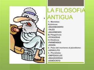 LA FILOSOFIA
ANTIGUA
1.- Monistas:
A)Jónicos:
-ANAXIMANDRO
-TALES
-ANAXÍMENES
B) Pitagóricos:
-PITÁGORAS
C) Eleáticos
-PARMÉNIDES
-ZENÓN
2.- Paso del monismo al pluralismo:
-HERÁCLITO
3.- Pluralistas:
-EMPÉDOCLES
-ANAXÁGORAS
-DEMÓCRITO
 