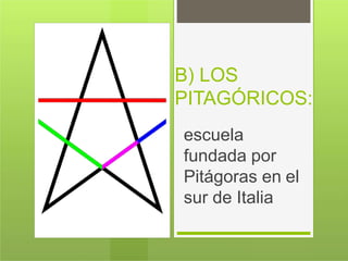B) LOS
PITAGÓRICOS:
escuela
fundada por
Pitágoras en el
sur de Italia
 