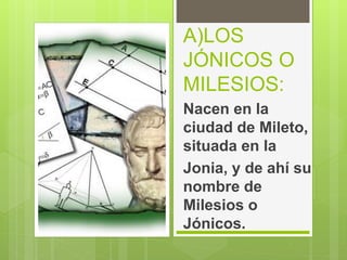 A)LOS
JÓNICOS O
MILESIOS:
Nacen en la
ciudad de Mileto,
situada en la
Jonia, y de ahí su
nombre de
Milesios o
Jónicos.
 