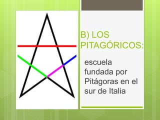 B) LOS
PITAGÓRICOS:
escuela
fundada por
Pitágoras en el
sur de Italia
 