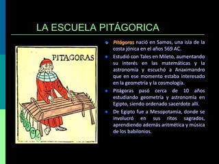 LA ESCUELA PITÁGORICA







Pitágoras nació en Samos, una isla de la
costa jónica en el años 569 AC.
Estudió con Tales en Mileto, aumentando
su interés en las matemáticas y la
astronomía y escuchó a Anaximandro
que en ese momento estaba interesado
en la geometría y la cosmología.
Pitágoras pasó cerca de 10 años
estudiando geometría y astronomía en
Egipto, siendo ordenado sacerdote allí.
De Egipto fue a Mesopotamia, donde se
involucró en sus ritos sagrados,
aprendiendo además aritmética y música
de los babilonios.

 