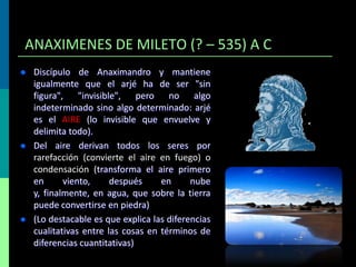 ANAXIMENES DE MILETO (? – 535) A C






Discípulo de Anaximandro y mantiene
igualmente que el arjé ha de ser "sin
figura", "invisible", pero no algo
indeterminado sino algo determinado: arjé
es el AIRE (lo invisible que envuelve y
delimita todo).
Del aire derivan todos los seres por
rarefacción (convierte el aire en fuego) o
condensación (transforma el aire primero
en
viento,
después
en
nube
y, finalmente, en agua, que sobre la tierra
puede convertirse en piedra)
(Lo destacable es que explica las diferencias
cualitativas entre las cosas en términos de
diferencias cuantitativas)

 