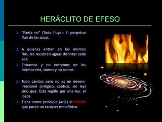 HERÁCLITO DE EFESO


"Panta rei" (Todo fluye): El perpetuo
fluir de las cosas.



A quienes entran en los mismos
ríos, les recubren aguas distintas cada
vez.
Entramos y no entramos en los
mismos ríos, somos y no somos.







Todo cambia pero no es un devenir
irracional (a-lógico, caótico, sin ley)
sino que: Está regido por una ley: el
logos.
Tiene como principio (arjé) el FUEGO
que posee un carácter metafórico.

 