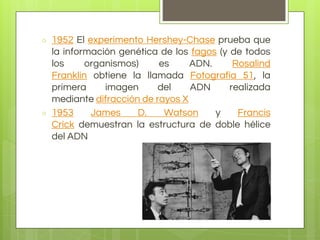 ○ 1952 El experimento Hershey-Chase prueba que
la información genética de los fagos (y de todos
los organismos) es ADN. Rosalind
Franklin obtiene la llamada Fotografía 51, la
primera imagen del ADN realizada
mediante difracción de rayos X
○ 1953 James D. Watson y Francis
Crick demuestran la estructura de doble hélice
del ADN
 
