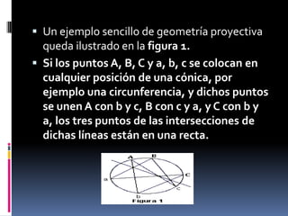 Un ejemplo sencillo de geometría proyectiva queda ilustrado en la figura 1.Si los puntos A, B, C y a, b, c se colocan en cualquier posición de una cónica, por ejemplo una circunferencia, y dichos puntos se unen A con b y c, B con c y a, y C con b y a, los tres puntos de las intersecciones de dichas líneas están en una recta.