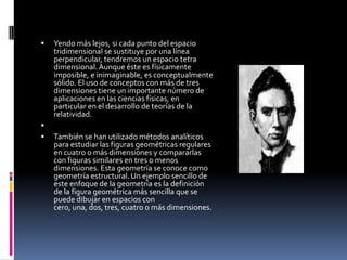 Yendo más lejos, si cada punto del espacio tridimensional se sustituye por una línea perpendicular, tendremos un espacio tetra dimensional. Aunque éste es físicamente imposible, e inimaginable, es conceptualmente sólido. El uso de conceptos con más de tres dimensiones tiene un importante número de aplicaciones en las ciencias físicas, en particular en el desarrollo de teorías de la relatividad. También se han utilizado métodos analíticos para estudiar las figuras geométricas regulares en cuatro o más dimensiones y compararlas con figuras similares en tres o menos dimensiones. Esta geometría se conoce como geometría estructural. Un ejemplo sencillo de este enfoque de la geometría es la definición de la figura geométrica más sencilla que se puede dibujar en espacios con cero, una, dos, tres, cuatro o más dimensiones.