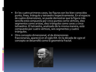 En los cuatro primeros casos, las figuras son los bien conocidos punto, línea, triángulo y tetraedro respectivamente. En el espacio de cuatro dimensiones, se puede demostrar que la figura más sencilla está compuesta por cinco puntos como vértices, diez segmentos como aristas, diez triángulos como caras y cinco tetraedros. El tetraedro, analizado de la misma manera, está compuesto por cuatro vértices, seis segmentos y cuatro triángulos.Otro concepto dimensional, el de dimensiones fraccionarias, apareció en el siglo XIX. En la década de 1970 el concepto se desarrolló como la geometría fractal.