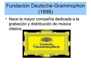 Fundación Deutsche-Grammophon (1898) Nace la mayor compañía dedicada a la grabación y distribución de música clásica. 