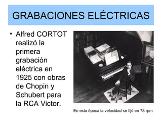 GRABACIONES ELÉCTRICAS Alfred CORTOT realizó la primera grabación eléctrica en 1925 con obras de Chopin y Schubert para la RCA Victor. En esta época la velocidad se fijó en 78 rpm 