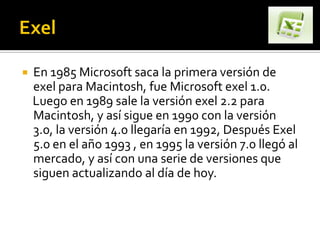    En 1985 Microsoft saca la primera versión de
    exel para Macintosh, fue Microsoft exel 1.0.
    Luego en 1989 sale la versión exel 2.2 para
    Macintosh, y así sigue en 1990 con la versión
    3.0, la versión 4.0 llegaría en 1992, Después Exel
    5.0 en el año 1993 , en 1995 la versión 7.0 llegó al
    mercado, y así con una serie de versiones que
    siguen actualizando al día de hoy.
 
