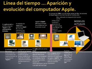 En principio de 1999 y con las fuertes ventas de iMac, las acciones
                                                                                  de Apple llegaron a su nivel más alto en muchos años.
                                                                                               iMac: ordenador la integración del monitor
                                                                                               a la PC,
                                                                                       El Macintosh
                                                         Apple III (Apple
                                                                                       comenzó a
                                                                                                                              MODELOS
                      A mediados de                      III+) que corregía
En 1976 se creó La
                      1979 Apple                         los problemas con
                                                                                       gestarse en el                         ACTUALES
primera máquina                                                                        año 1979 en base
                      presentó el Apple                  la versión inicial            a una idea de Jef
"Apple I“, con
                      II+, con más                                                     Raskin, el
características
                      memoria y con                                                    verdadero padre
limitadas
                      lenguaje BASIC.                                                  del Mac




    A mediados de 1976     La Apple IIe Card emula   en 1980 salió a la venta
    Woz estuvo             muchas de las tarjetas    Apple                                                  El primer
    preparando una         de expansión y            III, desgraciadamente      El 12 de agosto salía al    modelo de la
    computadora con        periféricos que se        algunas elecciones         mercado la principal        gama iMac, el
    mejoras técnicas. La   podían instalar en un     técnicas, no incorporar    amenaza a la hegemonía      iMac G3 o “es
    propuesta era          Apple IIe sin ampliar     un ventilador, fue la      de Apple, el IBM PC.. La    el único iMac
    "Apple II              utilizando el hardware                               cual fue un fulgurante      que incorpora
                                                     razón de que varios
                           del Macintosh en su                                  éxito en el ámbito          un monitor
                                                     equipos se
                           lugar                                                empresarial                 CRT
                                                     sobrecalentaran, por lo
                                                     cual salió del mercado
 