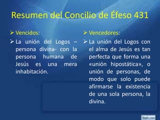 Resumen del Concilio de Éfeso 431
 Vencidos:
 La unión del Logos –
persona divina- con la
persona humana de
Jesús es una mera
inhabitación.
 Vencedores:
 La unión del Logos con
el alma de Jesús es tan
perfecta que forma una
«unión hipostática», o
unión de personas, de
modo que solo puede
afirmarse la existencia
de una sola persona, la
divina.
 