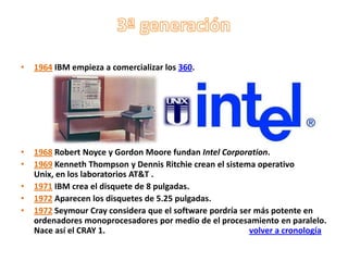 •   1964 IBM empieza a comercializar los 360.




•   1968 Robert Noyce y Gordon Moore fundan Intel Corporation.
•   1969 Kenneth Thompson y Dennis Ritchie crean el sistema operativo
    Unix, en los laboratorios AT&T .
•   1971 IBM crea el disquete de 8 pulgadas.
•   1972 Aparecen los disquetes de 5.25 pulgadas.
•   1972 Seymour Cray considera que el software pordría ser más potente en
    ordenadores monoprocesadores por medio de el procesamiento en paralelo.
    Nace así el CRAY 1.                                   volver a cronología
 
