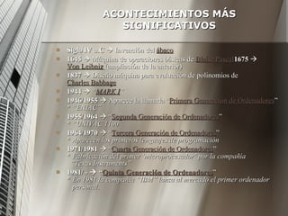 ACONTECIMIENTOS MÁS SIGNIFICATIVOS <ul><li>Siglo IV a.C     Invención del  ábaco </li></ul><ul><li>1645     Máquina de o...