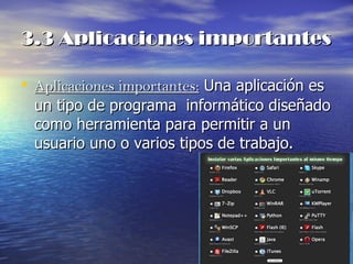 3.3 Aplicaciones importantes Aplicaciones importantes:  Una aplicación es un tipo de programa  informático diseñado como herramienta para permitir a un usuario uno o varios tipos de trabajo.  