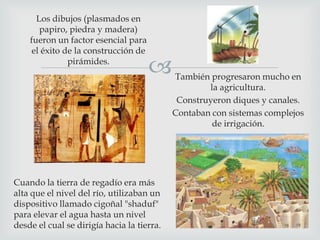 Los dibujos (plasmados en
papiro, piedra y madera)
fueron un factor esencial para
el éxito de la construcción de
pirámides.



También progresaron mucho en
la agricultura.
Construyeron diques y canales.
Contaban con sistemas complejos
de irrigación.

Cuando la tierra de regadío era más
alta que el nivel del río, utilizaban un
dispositivo llamado cigoñal "shaduf"
para elevar el agua hasta un nivel
desde el cual se dirigía hacia la tierra.

 