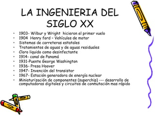 LA INGENIERIA DEL SIGLO XX 1903- Wilbur y Wright  hicieron el primer vuelo  1904  Henry ford – Vehículos de motor Sistemas de carreteras estatales Tratamientos de aguas y de aguas residuales Cloro liquido como desinfectante 1914- canal de Panamá 1931-Puente George Washington 1936- Presa Hoover 1947- Invención del transistor  1967- Estación generadora de energía nuclear Miniaturización de componentes (superchip) --- desarrollo de computadoras digitales y circuitos de conmutación mas rápido  