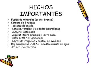 HECHOS IMPORTANTES Fusión de minerales (cobre, bronce)  Carreta de 2 ruedas Tabletas de arcilla  -Canales, templos  y ciudades amuralladas  -2000Ac. Astrolabio  -Zigurat (torre piramidal) Torre babel -1850-1750 Ac Hammurabi  -Obras de irrigación y control de avenidas Rey Senaquerib 700 Ac.  Abastecimiento de agua  -Primer uso concreto.  