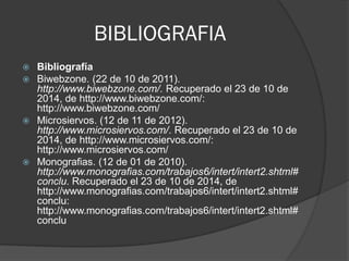 BIBLIOGRAFIA 
Bibliografía 
Biwebzone. (22 de 10 de 2011). http://www.biwebzone.com/. Recuperado el 23 de 10 de 2014, de http://www.biwebzone.com/: http://www.biwebzone.com/ 
Microsiervos. (12 de 11 de 2012). http://www.microsiervos.com/. Recuperado el 23 de 10 de 2014, de http://www.microsiervos.com/: http://www.microsiervos.com/ 
Monografias. (12 de 01 de 2010). http://www.monografias.com/trabajos6/intert/intert2.shtml# conclu. Recuperado el 23 de 10 de 2014, de http://www.monografias.com/trabajos6/intert/intert2.shtml# conclu: http://www.monografias.com/trabajos6/intert/intert2.shtml# conclu 
