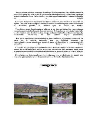 Luego, desenredaron una soga de cabuya de cinco metros, de un lado ataron la
oreja de la paila,del otro la mula,verificaron si los nudoseran resistentes,entonces
azuzaron al animal con todas sus fuerzas,hasta que les vencióel cansancio: la paila
no se movió.
Entonces fue cuando ayudaron los típicos curiosos, que estaban a pesar de las
aguas.T rataron de alzar la paila haciendo fuerza entre todos pero nada.Parecía que
el utensilio pesaba lo mismo que el cerro de Cacha.
Viendo que nada funcionaba, acudieron a las herramientas, los comerciantes
conocían acerca del milenario descubrimiento de la palanca, pero dejaron de lado
la idea cuando uno de ellos casi se rompe un brazo tratando de desatorar la paila,
inamovible, empotrada en las tierras negras movedizas.
Las gotas siguieron cayendo del cielo, fue una lluvia tenue pero constante. La
paila no se movía. Fatigados por los inútiles intentos, los
comerciantes vieron impotentes como el agua desbordaba la concavidad del
utensilio de forma lenta.
El caudal del agua siguióaumentando con la lluvia,hasta que se formó un charco.
Nadie dio una referencia cierta acerca de donde fue que salieron unos patos
migrantes que aparecieron por todoslados y que se posaron sobre el cristal líquido.
Derrotados por la naturaleza, a los testigos de este prodigio, no les quedó más
remedio que sentarse a ver llover mientras se formaba Kulta Kucha.
Imágenes
 