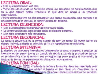 LECTURA ORAL: • Es la que hacemos en voz alta. • Tiene sentido cuando se considera como una situación de comunicación oral en la que alguien desea transmitir lo que dice un texto a un receptor determinado. • Tiene como objetivo no sólo conseguir una buena oralización, sino atender a la finalidad real de la lectura: la construcción del sentido.LECTURA SILENCIOSA:• Es la que hacemos sin expresar de viva voz lo leído.• La construcción del sentido del texto es siempre personal.• Es el tipo de lectura más frecuente.LECTURA SECUENCIAL:La lectura secuencial es la forma común de leer un texto. El lector lee en su tiempo individual desde el principio al fin sin repeticiones u omisiones.LECTURA INTENSIVA:El destino de la lectura intensiva es comprender el texto completo y analizar las intenciones del autor. No es un cambio de técnica solo de la actitud del lector: no se identifica con el texto o sus protagonistas pero analiza el contenido, la lengua y la forma de argumentación del autor neutralmente.LECTURA PUNTUAL:A partir del siglo XVIII, comienza la lectura intensiva, ésta era reservada solo para unos pocos. Esta modalidad se basaba en leer obras por completo, hasta que quedaran grabadas en la memoria. El lector reconstruye el libro y el sentido.