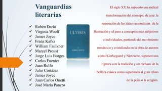 Vanguardias
literarias
 Rubén Darío
 Virginia Woolf
 James Joyce
 Franz Kafka
 William Faulkner
 Marcel Proust
 Jor...