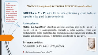 Poéticas (antigüedad) o teorías literarias (modernidad)
GRECIA s. V - IV a.C. En la vida cotidiana y civil, todo se
supedi...
