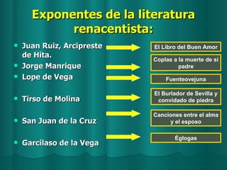 Exponentes de la literatura renacentista: <ul><li>Juan Ruiz, Arcipreste de Hita. </li></ul><ul><li>Jorge Manrique </li></u...