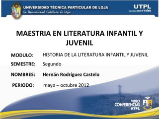 MAESTRIA EN LITERATURA INFANTIL Y
              JUVENIL
MODULO:     HISTORIA DE LA LITERATURA INFANTIL Y JUVENIL
SEMESTRE:   Segundo
NOMBRES:    Hernán Rodríguez Castelo

PERIODO:    mayo – octubre 2012
 