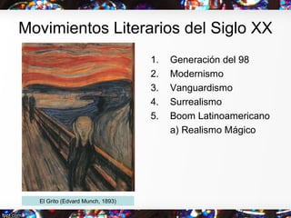 Movimientos Literarios del Siglo XX
1. Generación del 98
2. Modernismo
3. Vanguardismo
4. Surrealismo
5. Boom Latinoameric...