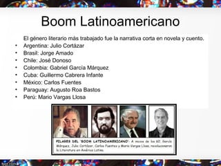 Boom Latinoamericano
El género literario más trabajado fue la narrativa corta en novela y cuento.
• Argentina: Julio Cortá...