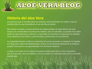 Los primeros que lo transformaron en extracto comercial fueron los árabes, y fueron
también ellos los que extendieron el uso del Aloe en polvo.

Para extraer la pulpa y la savia del Aloe los árabes pisaban las hojas dentro de unas
tinajas o las machacaban en prensas de madera. Una vez extraídas, se ponían al sol sobre
pieles de cabra para que se secaran, y más tarde se convertían en polvo que se utilizaba
como laxante en uso interno, y para heridas y contusiones en uso extremo.

Los Españoles llevaron el Áloe al continente Americano durante su conquista. En España,
a lo largo de la ribera del Mediterráneo, el Áloe era el elemento esencial de la medicina
popular, hasta que su uso generalizado en la farmacia moderna.

Lo dejo en el olvido con la mayoría de plantas medicinales (Hoy en día, conocemos
personas grandes, que nos explican, como sus padres lo cultivaban para usar sus virtudes
medicinales).
 