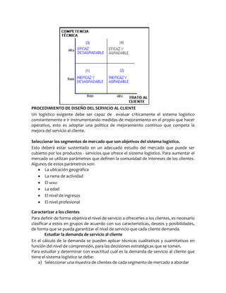 PROCEDIMIENTO DE DISEÑO DEL SERVICIO AL CLIENTE
Un logístico exigente debe ser capaz de evaluar críticamente el sistema logístico
constantemente e ir instrumentando medidas de mejoramiento en el propio que hacer
operativo, esto es adoptar una política de mejoramiento continuo que competa la
mejora del servicio al cliente.
Seleccionar los segmentos de mercado que son objetivos del sistema logístico.
Esto deberá estar sustentado en un adecuado estudio del mercado que puede ser
cubierto por los productos - servicios que ofrece el sistema logístico. Para aumentar el
mercado se utilizan parámetros que definen la comunidad de intereses de los clientes.
Algunos de estos parámetros son:
La ubicación geográfica
La rama de actividad
El sexo
La edad
El nivel de ingresos
El nivel profesional
Caracterizar a los clientes
Para definir de forma objetiva el nivel de servicio a ofrecerles a los clientes, es necesario
clasificar a estos en grupos de acuerdo con sus características, deseos y posibilidades,
de forma que se pueda garantizar el nivel de servicio que cada cliente demanda.
Estudiar la demanda de servicio al cliente
En el cálculo de la demanda se pueden aplicar técnicas cualitativas y cuantitativas en
función del nivel de comprensión, para las decisiones estratégicas que se tomen.
Para estudiar y determinar con exactitud cuál es la demanda de servicio al cliente que
tiene el sistema logístico se debe:
a) Seleccionar una muestra de clientes de cada segmento de mercado a abordar
 