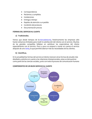 Correspondencia
Reclamos y cumplidos
Instalaciones
Entrega a tiempo
Rapidez de atención a un pedido
Condición del producto
Documentación precisa
FORMAS DEL SERVICIO AL CLIENTE
a) Tradicionales.
Vemos que desde tiempos de la mercadotecnia, históricamente las empresas sólo
hacían esfuerzos limitados para medir la satisfacción del cliente con el servicio. Muchas
de las grandes compañías fallaban en satisfacer las expectativas del cliente
especialmente con el servicio. Poco a poco se empezó a tomar en cuenta el servicio
después de una venta, lo que permitió abarcar más las necesidades de los clientes.
b) Científicas.
En la actualidad las formas del servicio al cliente merecen otras formas de estudio más
detallado y práctico en cuanto a las relaciones interpersonales, estas se demuestran
como parte de las ciencias sociales, junto con todo el proceso de comunicación humana
COMPONENTES DE UN BUEN SERVICIO AL CLIENTE
Elementos
Tangibles
Seguridad
Credibilida
d
Comunicació
n
Capacidad
De
Respuesta
Comprensió
n
Fiabilidad
Accesibilida
d
 