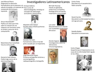 Investigadores Latinoamericanos Carlos Finlay
Describió era el causante de la
fiebre amarilla.
Daniel Carrión
Descubrió la enfermedad Carrión o
verruga peruana.
Rodolfo Robles
Descubrió la oncosercosis.
Carlos Chagas
Sospechó que el tripanosoma era la
causa de la enfermedad febril aguda
en los niños.
Bernado Houssay
Interés en glándulas
endocrinas y la hipófisis,
fisiología de la circulación,
respiración e inmunología.
Luis Leloir
Descubrimientos en relación
con nucleótidos productores
del azúcar.
Donato Segovia
Investigaciones sobre las
alteraciones
inmunorreguladoras.
Enrique Cabrera
Hizo cursos de
electroradiografía, introdujo el
concepto de sobrecargas
auriculares y ventriculares.
Alejandro Celis Salazar
Estudió sobre embolia pulmonar.
Salvador Herrejón
Formuló tesis sobre el mal del
pinto causado por un treponema.
Jorge Menesses Hoyos
Primeras aortografías torácicas y
coronariográficas,
radioquimiografía y tomografía.
José Manuel Rivero
Diagnosticó la alteración
hemodinámica de la estenosis y la
válvula tricúspide y el síndrome de
compresión del bronquio
izquierdo.
Maximiliano Ruis Castañeda
Vacuna contra la tifo.
Demetrio Sodi Pallares
Publicó algo acerca de la
electrocardiografía.
Arturo Rosenblueth
Publica una obra que trata
sobre la creación de una
máquina con funciones como
el cerebro, precursor de la
computación.
 