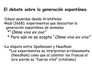 El debate sobre la generación espontánea

•Ideas asumidas desde Aristóteles
•Redi (1668): experimentos que descartan la
 generación espontánea de animales
  *“Omne vivo ex ovo”
  * Pero aún no se acepta “Omne vivo ex vivo”

•La disputa entre Spallanzani y Needham
   *Los experimentos se interpretan erróneamente
     (Needham) como que al calentar los frascos el
     aire pierde su “fuerza vital” (vitalismo)
 