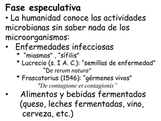 Fase especulativa
• La humanidad conoce las actividades
microbianas sin saber nada de los
microorganismos:
• Enfermedades infecciosas
    * “miasmas” , “sífilis”
    * Lucrecio (s. I A. C.): “semillas de enfermedad”
             “De rerum natura”
    * Frascatorius (1546): “gérmenes vivos”
           “De contagione et contagionis”
•    Alimentos y bebidas fermentados
     (queso, leches fermentadas, vino,
      cerveza, etc.)
 