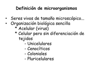 Definición de microorganismos

• Seres vivos de tamaño microscópico...
• Organización biológica sencilla
    * Acelular (virus)
    * Celular pero sin diferenciación de
      tejidos
         - Unicelulares
         - Cenocíticos
         - Coloniales
         - Pluricelulares
 