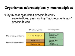 Organismos microscópicos y macroscópicos

•Hay microorganismos procarióticos y
     eucarióticos, pero no hay “macroorganismos”
     procarióticos
 