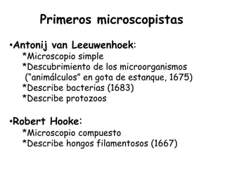 Primeros microscopistas
•Antonij van Leeuwenhoek:
  *Microscopio simple
  *Descubrimiento de los microorganismos
   (“animálculos” en gota de estanque, 1675)
  *Describe bacterias (1683)
  *Describe protozoos

•Robert Hooke:
  *Microscopio compuesto
  *Describe hongos filamentosos (1667)
 