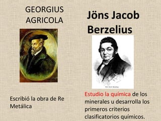 GEORGIUS
      AGRICOLA            Jöns Jacob
                          Berzelius




                         Estudio la química de los
Escribió la obra de Re   minerales u desarrolla los
Metálica                 primeros criterios
                         clasificatorios químicos.
 
