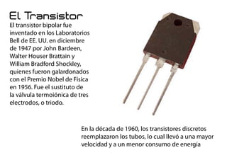 El Transistor
El transistor bipolar fue
inventado en los Laboratorios
Bell de EE. UU. en diciembre
de 1947 por John Bardeen,
Walter Houser Brattain y
William Bradford Shockley,
quienes fueron galardonados
con el Premio Nobel de Física
en 1956. Fue el sustituto de
la válvula termoiónica de tres
electrodos, o triodo.
En la década de 1960, los transistores discretos
reemplazaron los tubos, lo cual llevó a una mayor
velocidad y a un menor consumo de energía
 