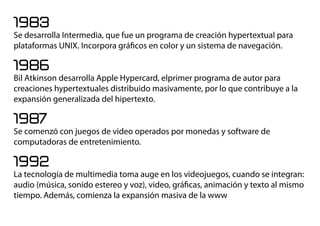 1983
Se desarrolla Intermedia, que fue un programa de creación hypertextual para
plataformas UNIX. Incorpora gráﬁcos en color y un sistema de navegación.
1986
Bil Atkinson desarrolla Apple Hypercard, elprimer programa de autor para
creaciones hypertextuales distribuido masivamente, por lo que contribuye a la
expansión generalizada del hipertexto.
1987
Se comenzó con juegos de video operados por monedas y software de
computadoras de entretenimiento.
1992
La tecnología de multimedia toma auge en los videojuegos, cuando se integran:
audio (música, sonido estereo y voz), video, gráﬁcas, animación y texto al mismo
tiempo. Además, comienza la expansión masiva de la www
 