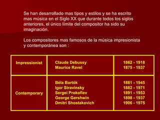 Se han desarrollado mas tipos y estilos y se ha escrito
   mas música en el Siglo XX que durante todos los siglos
   anteriores, el único límite del compositor ha sido su
   imaginación.

   Los compositores mas famosos de la música impresionista
   y contemporánea son :


Impressionist     Claude Debussy                    1862 - 1918
                  Maurice Ravel                     1875 - 1937


                  Béla Bartók                       1881 - 1945
                  Igor Stravinsky                   1882 - 1971
Contemporary      Sergei Prokofiev                  1891 - 1953
                  George Gershwin                   1898 - 1937
                  Dmitri Shostakovich               1906 - 1975
 