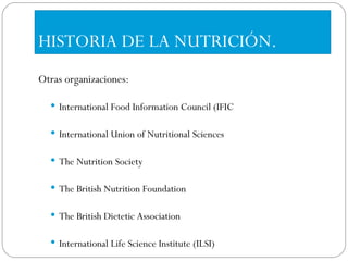 HISTORIA DE LA NUTRICIÓN. Otras organizaciones: International Food Information Council (IFIC International Union of Nutritional Sciences The Nutrition Society The British Nutrition Foundation The British Dietetic Association International Life Science Institute (ILSI) 
