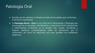 Patología Oral
 Estudios de los cambios morfoestructurales de los tejidos que conforman
el territorio maxilofacial.
 La Patología Bucal u Oral es una rama de la Odontología y Patología que
se encarga de la naturaleza, identificación y tratamiento de las alteraciones
y enfermedades localizadas en la cavidad oral, maxilar, mandíbula y
órganos dentarios (comprendiendo todas las estructuras que lo
conforman), así como las relaciones que estas guardan con problemas
sistémicos.
 